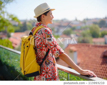 female summer travel to Antalya, Turkey. young asian woman in red dress walk through old town Kalechi , Panoramic view of Antalya Old Town , old otoman houses female summer travel to Antalya, Turkey. young asian woman in red dress walk through old town Kalechi , Panoramic view of Antalya Old Town , old otoman houses 113993210