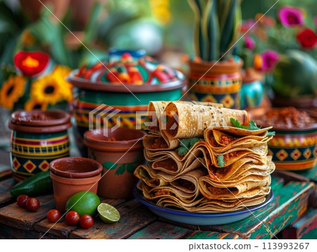 A table overflowing with traditional Mexican food. Cinco de Mayo feast. Background Festive tablecloth. Cinco de Mayo is Mexican national holiday in honor of victory 113993267