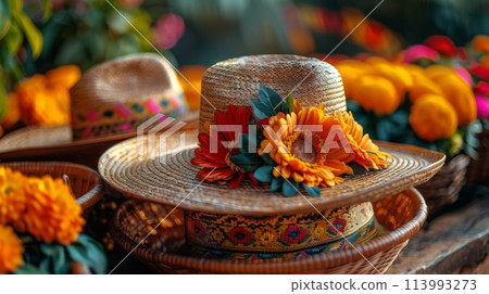 Traditional music and food. Fiesta Celebration. Cinco de Mayo, Mexicans defining moment. Colorful decorations Realistic photo. 113993273