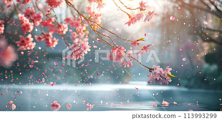 Cherry blossom branches over water, with bright pink flowers and petals falling into water in lake. Seasonal sakura blossom. Ai generation. Cherry blossom branches over water, with bright pink flowers and petals falling into water in lake. Seasonal sakura blossom. Ai generation. 113993299