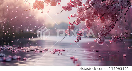 Cherry blossom branches over water, with bright pink flowers and petals falling into water in lake. Seasonal sakura blossom. Ai generation. Cherry blossom branches over water, with bright pink flowers and petals falling into water in lake. Seasonal sakura blossom. Ai generation. 113993305