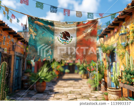 Mexican street in decor of Cinco de Mayo, Mexicans defining moment. Colorful decorations Realistic photo. 113993337