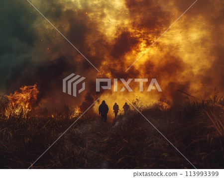 Battlefield with smoke and fire. Cinco de Mayo,Mexicans defining moment. Realistic photo. Cinco de Mayo is Mexican national holiday in honor of victory 113993399