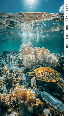underwater photography, tropical sea. Below under water there is garbage, plastic bottles and a turtle. pollution of world ocean, environmental disaster concept 113993432