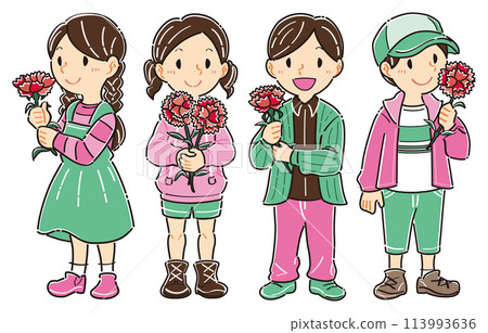 五月母親節拿著康乃馨的孩子插畫 五月母親節拿著康乃馨的孩子插畫 113993636