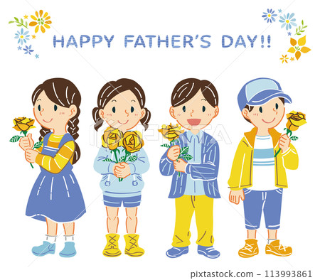 June Father's Day Illustration of children holding yellow roses 113993861