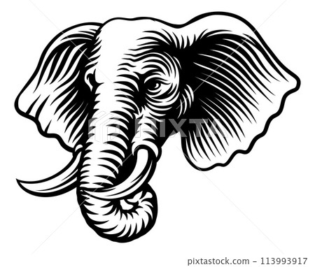 Elephant Animal Woodcut Vintage Style Icon Mascot 113993917