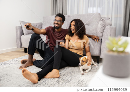 Couple Watching TV and Relaxing With Dog on Sofa At Home 113994089