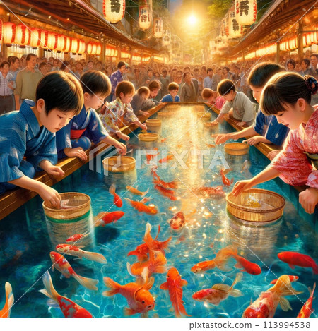 孩子在夏日祭中撈金魚 113994538