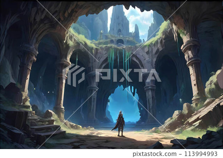 Game background Ancient civilization ruins Dungeon entrance Tutorial Hero silhouette on stage 113994993