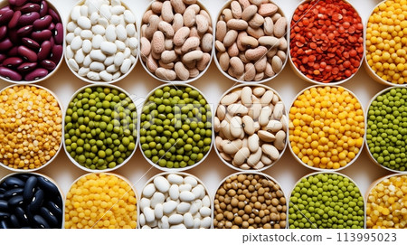 Assorted dried legumes mung,black-eyed,soy,peas.AI Generated 113995023