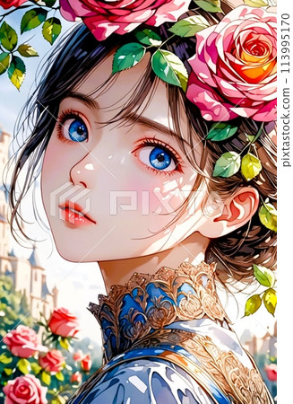 Beautiful woman's face with roses 113995170