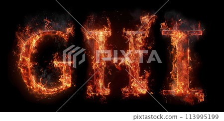 Fire letters GHI font alphabet made of burning letters on black background 113995199
