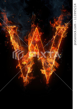 Fire letter W made of burning letters on black background 113995214