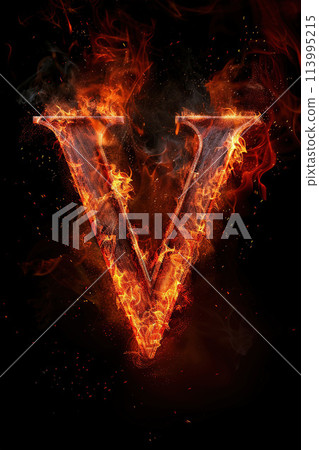 Fire letter V made of burning letters on black background 113995215