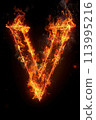 Fire letter V made of burning letters on black background 113995216
