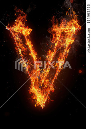 Fire letter V made of burning letters on black background 113995216
