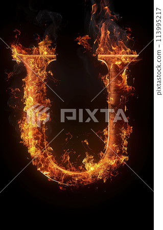 Fire letter U made of burning letters on black background 113995217