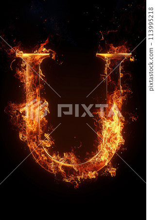 Fire letter U made of burning letters on black background 113995218