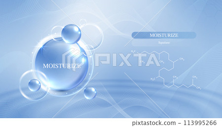 Moisturizer and hyaluronic acid on a blue background. skin care with water droplets is absorbed into the skin and cells. use ads, lotions, serums, creams. medical and scientific concepts. vector. 113995266