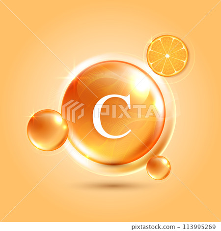 Vitamin C. drop vitamin C and cream collagen complex with from serum nature skin care vitamins. natural skin care cosmetic stimulate collagen. vector design. 113995269