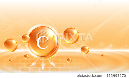 Vitamin C. drop vitamin C and cream collagen complex with from serum nature skin care vitamins. natural skin care cosmetic stimulate collagen. vector design. 113995270