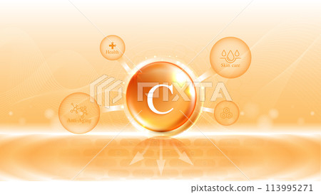 Vitamin C. drop vitamin C and cream collagen complex with from serum nature skin care vitamins. natural skin care cosmetic stimulate collagen. vector design. 113995271