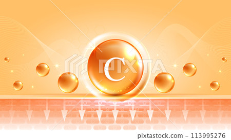 Vitamin C. drop vitamin C and cream collagen complex with from serum nature skin care vitamins. natural skin care cosmetic stimulate collagen. vector design. 113995276
