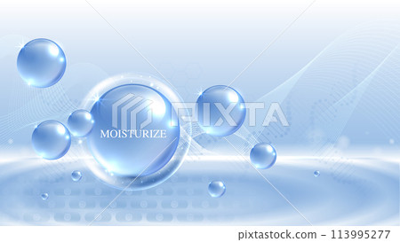 Moisturizer and hyaluronic acid on a blue background. skin care with water droplets is absorbed into the skin and cells. use ads, lotions, serums, creams. medical and scientific concepts. vector. 113995277