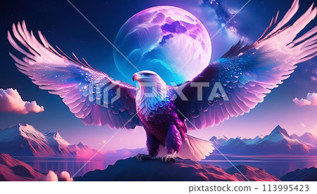 月圓夜空,一隻雄鷹扇動翅膀 月圓夜空,一隻雄鷹扇動翅膀 113995423