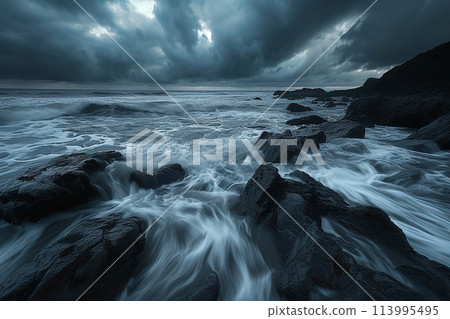 黑暗與波濤洶湧的海洋景觀 黑暗與波濤洶湧的海洋景觀 113995495