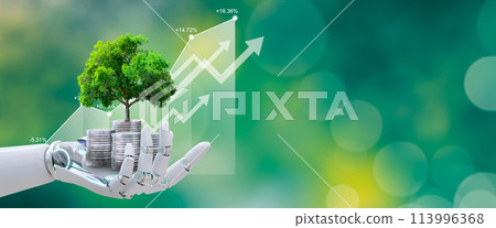 Robot hand holding Growing tree on coins with stock graph over Green background. Artificial Intelligence, Saving ecology, csr green business, business ethics, investment ideas, and business growth. 113996368