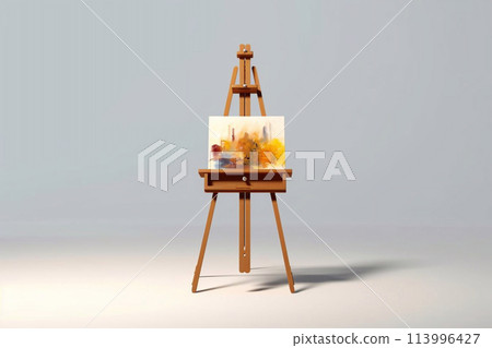 Art exhibition. Easel with colored spots. 113996427