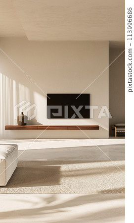 Interior perspective of a simple living room with a large TV 113996686