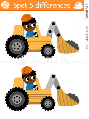 Find differences game for children. Construction site educational activity with boy driver in excavator. Cute puzzle for kids with funny worker. Printable worksheet or page with industrial vehicle Find differences game for children. Construction site educational activity with boy driver in excavator. Cute puzzle for kids with funny worker. Printable worksheet or page with industrial vehicle 113996781
