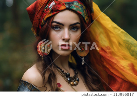 Portrait of a beautiful young woman in a gypsy outfit.International Gypsy Day. 113996817