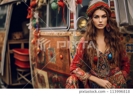 Portrait of a beautiful young woman in a gypsy outfit.International Gypsy Day. 113996818