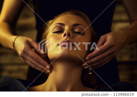 Facial massage. Spa procedures. Well-groomed face of a woman having a facial massage. 113996819