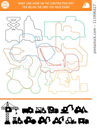 Construction site shadow, shape and line recognition activity with industrial vehicles. Building works puzzle with colored truck contours. Find correct silhouette printable worksheet, game for kids 113996827