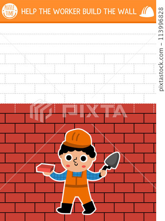 Construction site drawing and writing practice activity with builder. Building works puzzle. Printable worksheet, game for kids with rectangle shape tracing grid. Help the worker build brick wall Construction site drawing and writing practice activity with builder. Building works puzzle. Printable worksheet, game for kids with rectangle shape tracing grid. Help the worker build brick wall 113996828