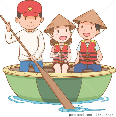 Cartoon illustration of tourists riding basket boat which is made from bamboo woven. Tourism in Vietnam. Cartoon illustration of tourists riding basket boat which is made from bamboo woven. Tourism in Vietnam. 113996847