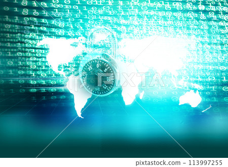 Digital world map with binary code and padlock concept series 113997255