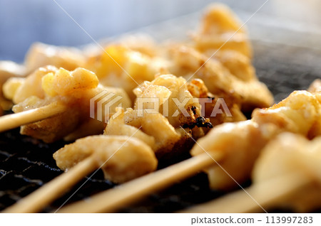 Enjoying Yakitori on a Charcoal Grill 113997283