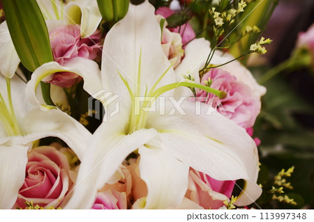 Lily and Pink roses flower bouquet Lily and Pink roses flower bouquet 113997348