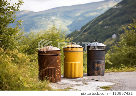 Garbage cans in the mountains. Maintaining cleanliness in nature. Saving the planet. Garbage sorting. 113997421
