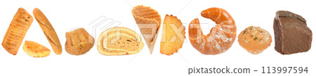 Tasty and sweet flour products isolated on white 113997594