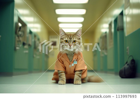 Doctor cat. Veterinary clinic.Healing Whiskers: The Feline Physician Doctor cat. Veterinary clinic.Healing Whiskers: The Feline Physician 113997693