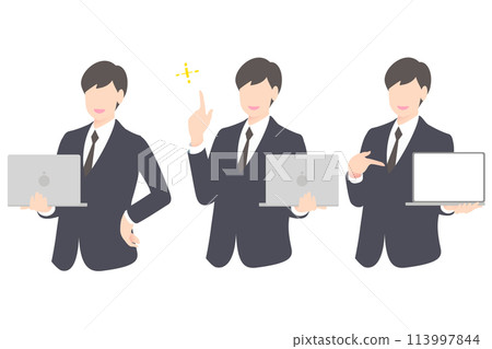 A business person/manager having an idea while holding a PC and explaining by showing the PC screen, upper body 113997844