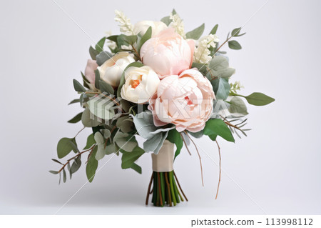 Beautiful festive bouquet of roses, peonies and eucalyptus 113998112