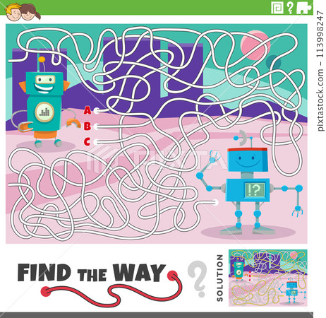 maze game with funny cartoon robots characters maze game with funny cartoon robots characters 113998247